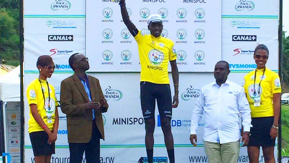 Valens Ndayisenga in the yellow jersey after stage 2