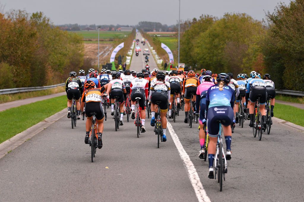 DE PANNE BELGIUM OCTOBER 20 Olha Kulynych of Ukraine and Team Ciclotel Peloton Landscape during the 3rd Driedaagse Brugge De Panne 2020 Women Classic a 1563km race from Brugge to De Panne AG3daagse on October 20 2020 in De Panne Belgium Photo by Luc ClaessenGetty Images