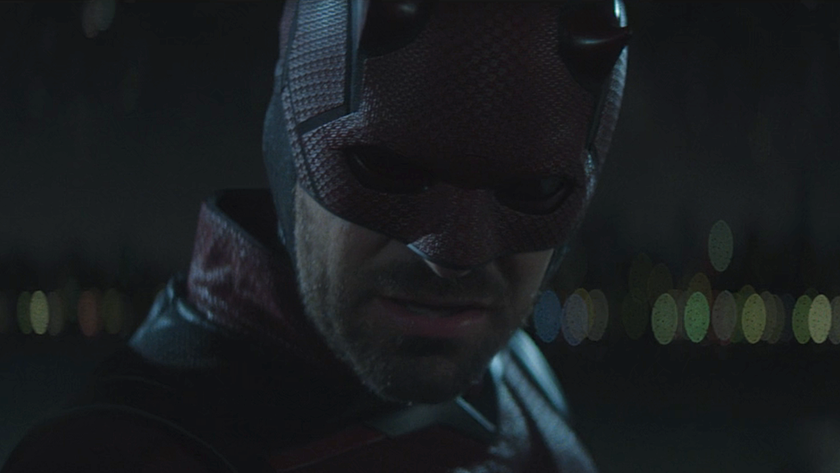 Masked Daredevil talking to Karen on roof in Daredevil: Born Again Season 1 finale