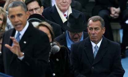 House Speaker John Boehner listens to a coded attack on his party.