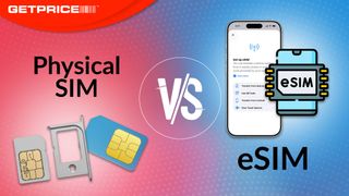 Pink and blue background with black writing that says Physical SIM vs eSIM with pictures of both
