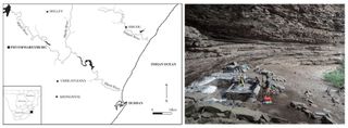 This map (left) shows Sibudu Cave in KwaZulu-Natal, a province on the coast of South Africa. The photo (right) shows the excavation area.