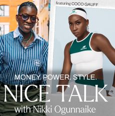 an image of coco gauff in a white and green tennis uniform next to an image of marie claire editor in chief nikki ogunnaike for the marie claire podcast nice talk