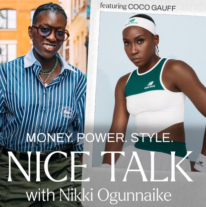 an image of coco gauff in a white and green tennis uniform next to an image of marie claire editor in chief nikki ogunnaike for the marie claire podcast nice talk
