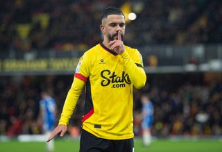 Imran Louza celebrates scoring Watford's first goal during the Sky Bet Championship between Watford and Birmingham City at Vicarage Road on March 14, 2023 in Watford, England. (