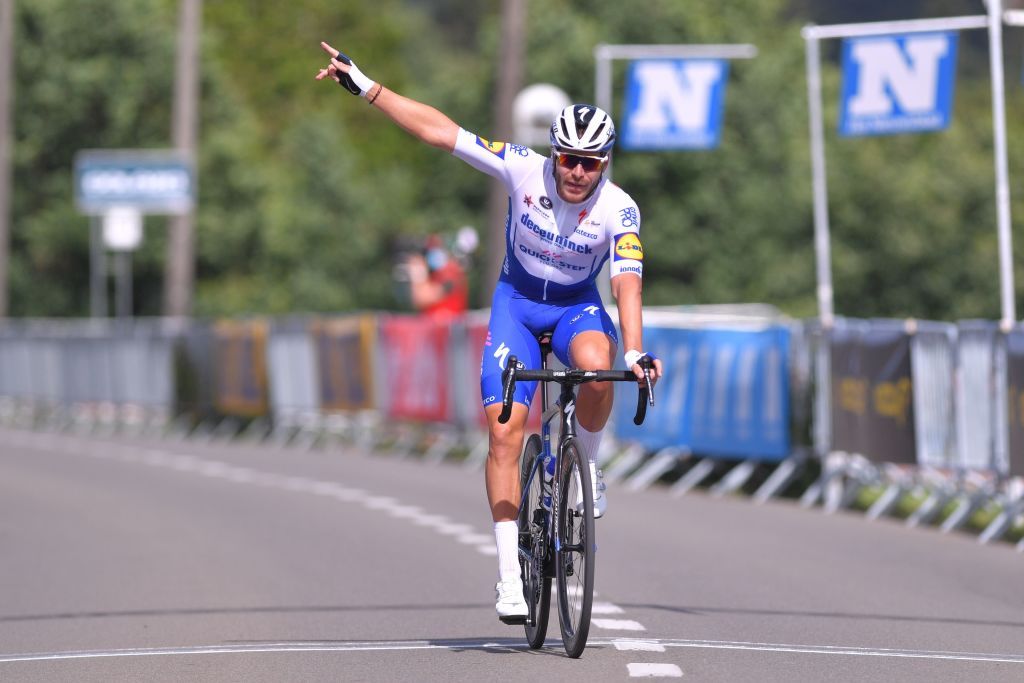 Frances Florian Senechal of Deceuninck QuickStep celebrates as he crosses the finish line to win the Grote Prijs Vermarc Sport one day cycling race 10 laps with a total of 160km on July 5 2020 in Rotselaar The race is the first professional cycling competition during the coronavirus crisis Public is not allowed at the start and finish Photo by LUC CLAESSEN BELGA AFP Belgium OUT Photo by LUC CLAESSENBELGAAFP via Getty Images