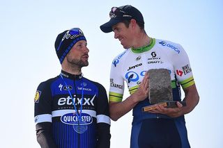 Tom Boonen letting Mat Hayman he has four trophies at home