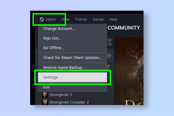 A screenshot showing how to enable the FPS counter in Steam on Windows