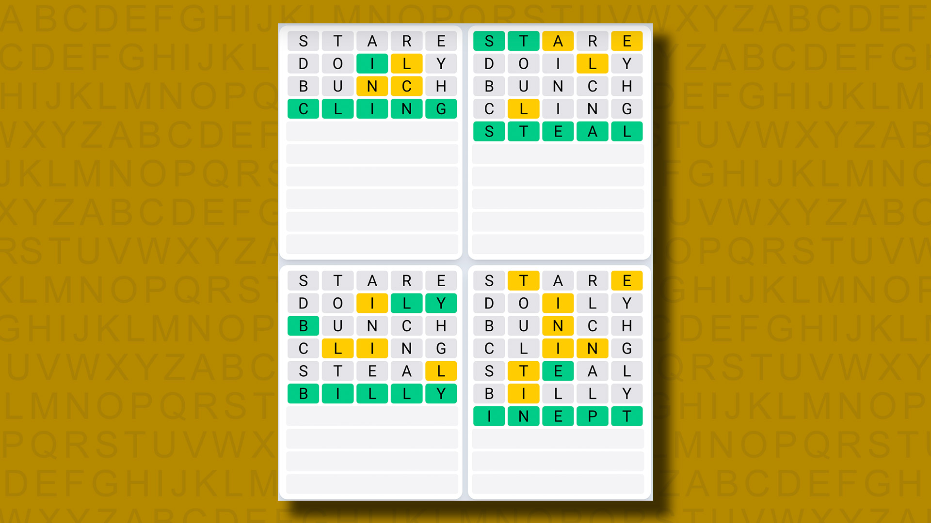 Quordle daily sequence answers for game 884 on a yellow background