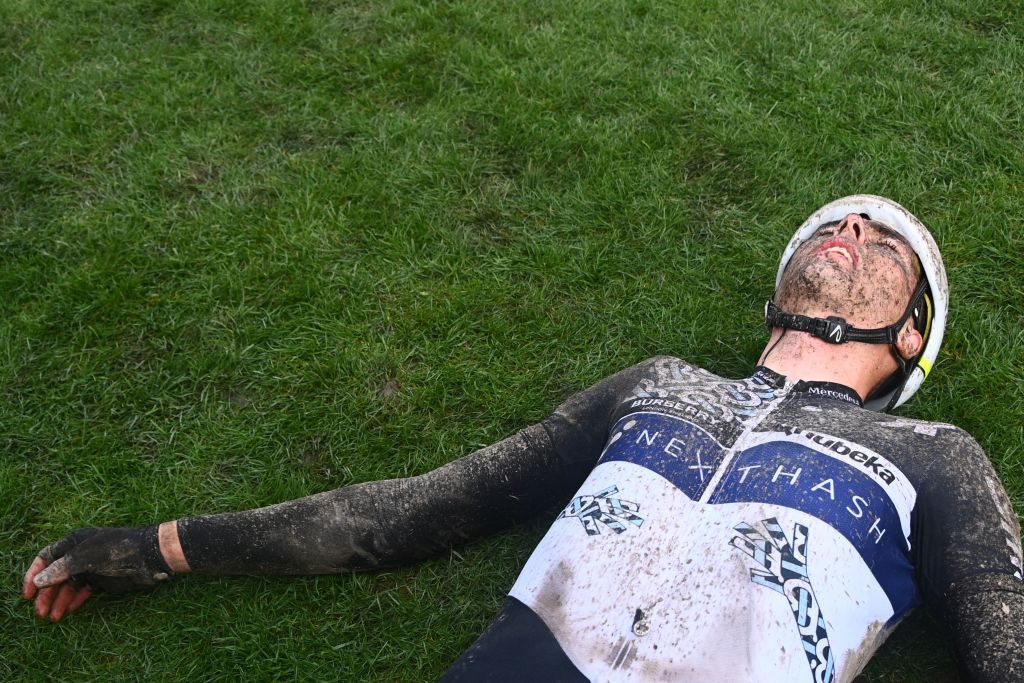 Team Qhubeka Nexthash Maximilian Richard Walscheid from Germany reacts on the finishing area after competing in the 118th edition of the ParisRoubaix oneday classic cycling race between Compiegne and Roubaix in the Velodrome stadium in Roubaix northern France on October 3 2021 Photo by AnneChristine POUJOULAT various sources AFP Photo by ANNECHRISTINE POUJOULATAFP via Getty Images