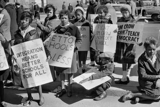 Students with Signs, at the citywide school boycott rally, near headquarters of the New York City Board of Education, Downtown Brooklyn, 1964
