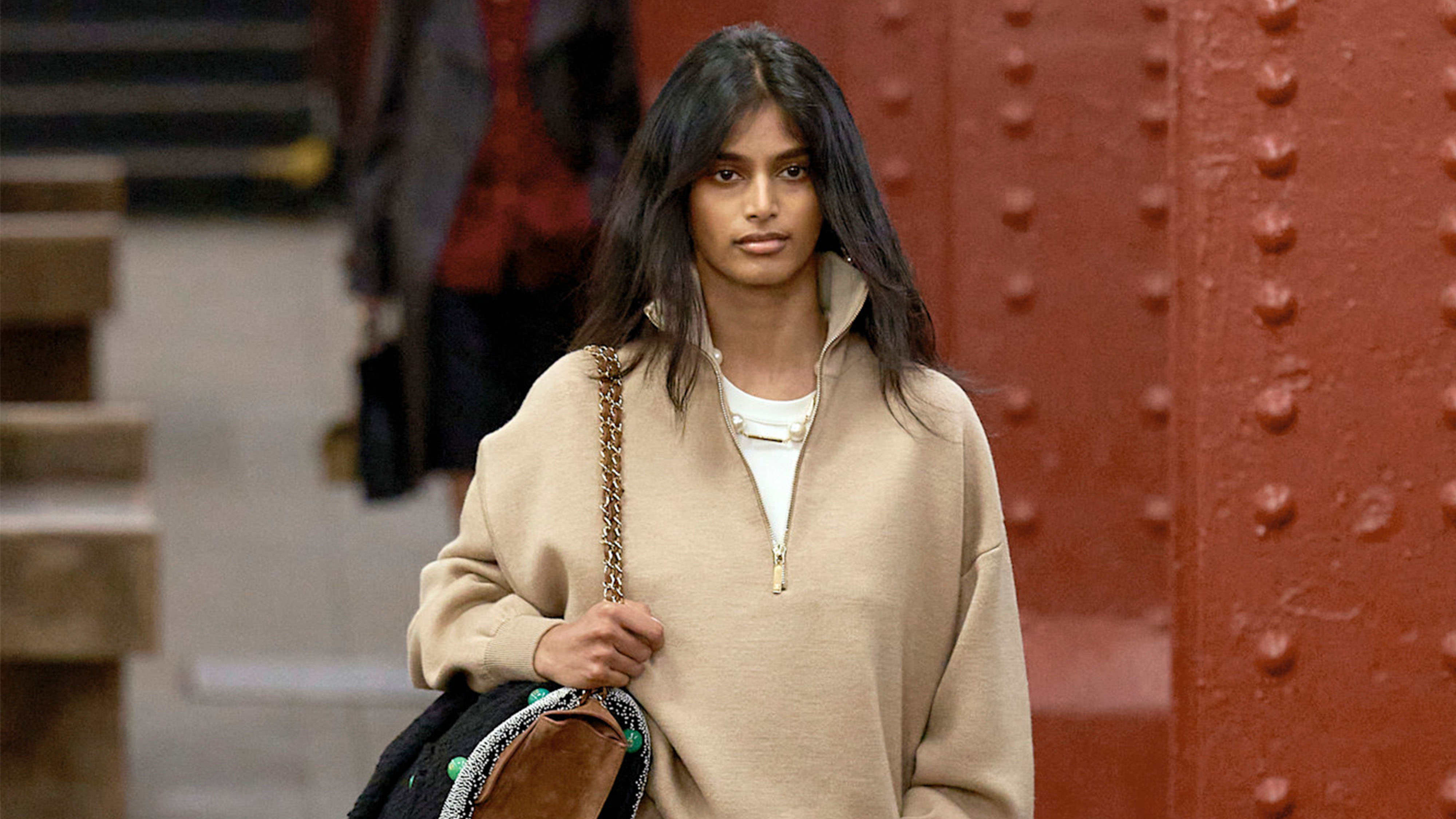 Chanel runway look with a quarter-zip sweater