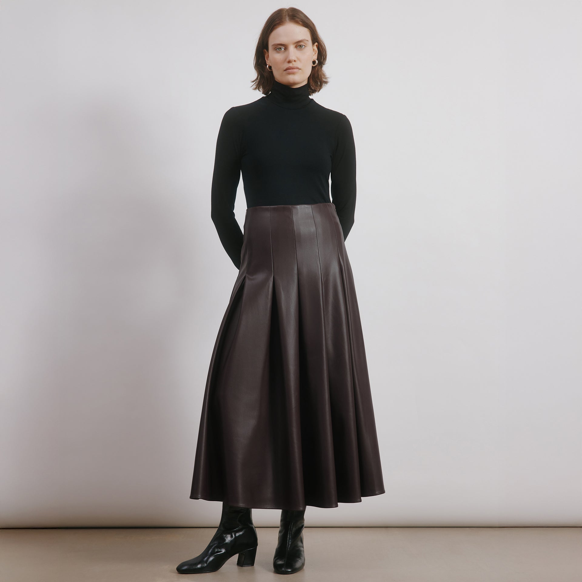 Faux Leather Pleat Midi Skirt - 8