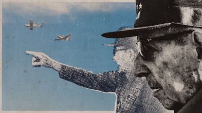Photo collage of Raul Castro and two small passenger planes flying in the background