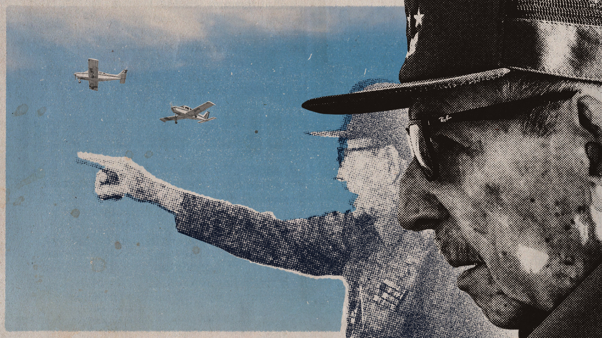 Photo collage of Raul Castro and two small passenger planes flying in the background