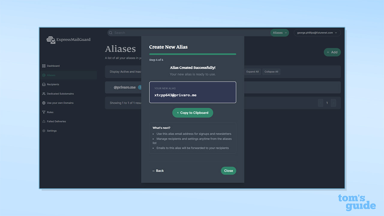 ExpressMailGuard created alias screenshot