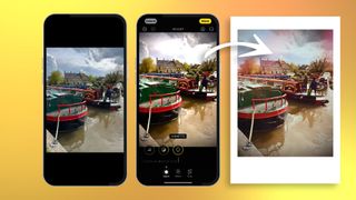 Two iPhone screenshots of an iPhone photo and the Photos app, with a finished film-style edit