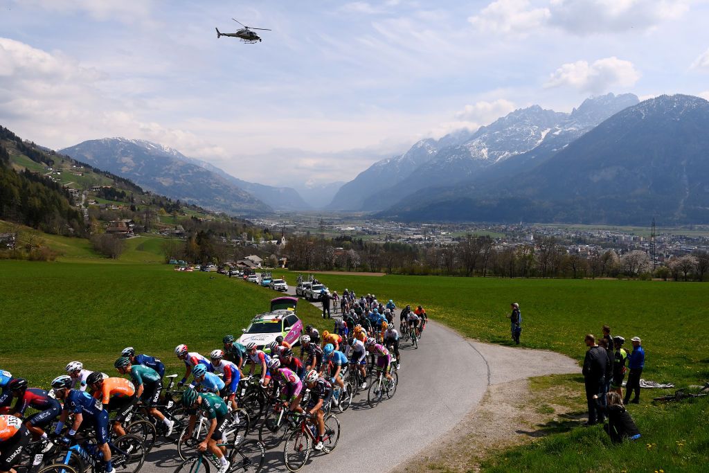 LIENZ AUSTRIA APRIL 21 A general view of Brandon Smith Rivera Vargas of Colombia and Team INEOS Grenadiers Jose Joaquin Rojas Gil of Spain and Movistar Team Mikel Iturria Segurola of Spain and Team Euskaltel Euskadi Lennard Kmna of Germany and Team Bora Hansgrohe Edward Ravasi of Italy and EoloKometa Cycling Team Jonathan Caaveral Vargas of Colombia and Team Bardiani Csf Faizane and the peloton passing through a landscape during the 45th Tour of the Alps 2022 Stage 4 a 1424km stage from Villabassa to Kals am Grossglockner 1336m TouroftheAlps on April 21 2022 in Lienz Austria Photo by Tim de WaeleGetty Images