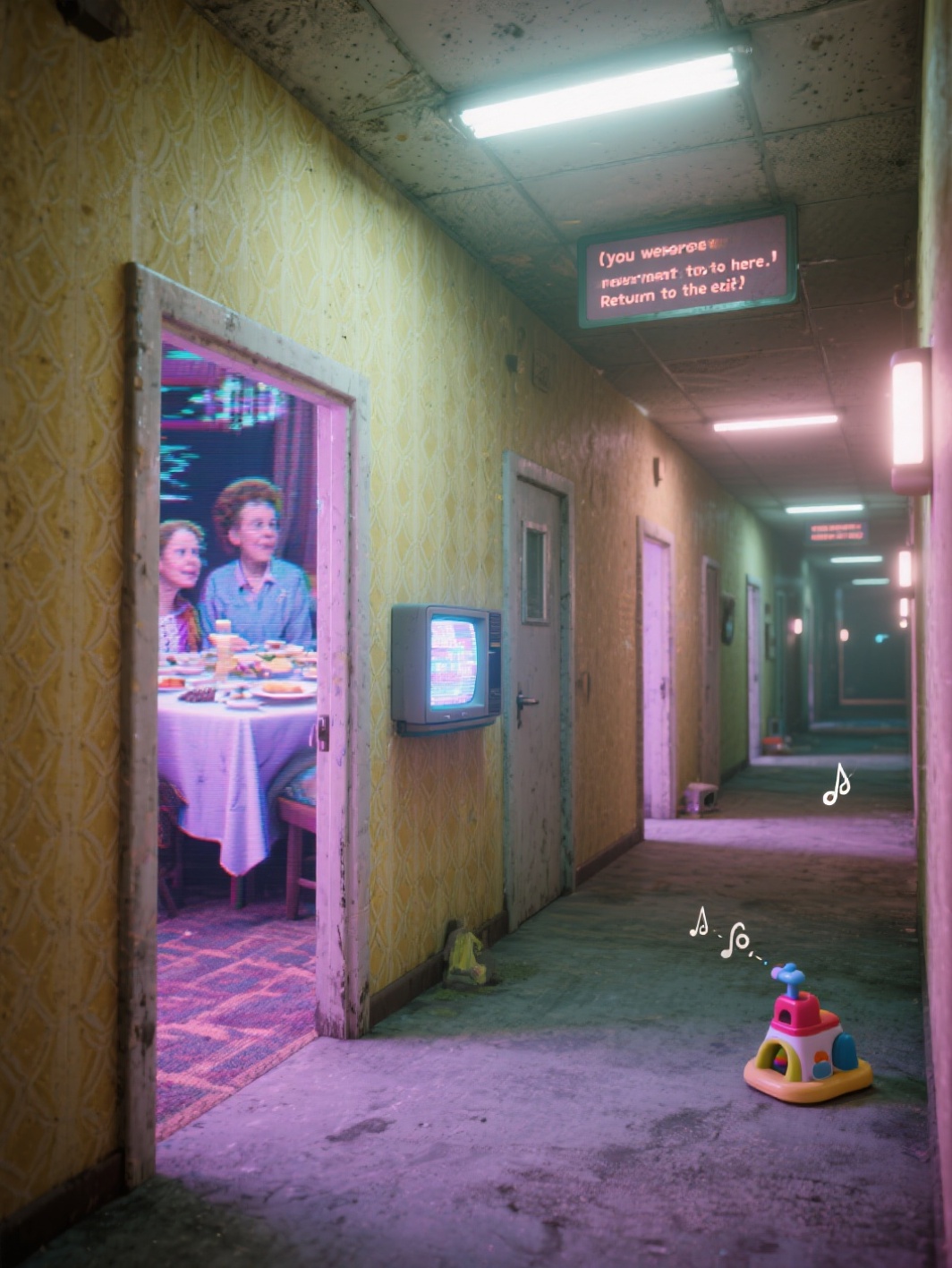Weirdcore art trend; a neon lit corridor with kids toys and creepy old people