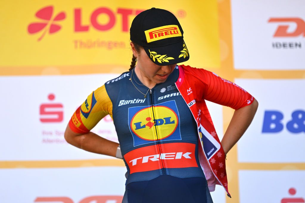 MUHLHAUSEN GERMANY JUNE 28 Shirin Van Anrooij of The Netherlands and Team LidlTrek celebrates at podium as Red best young jersey winner during the 36th Internationale LOTTO Thringen Ladies Tour 2024 Stage 4 a 1114km stage from Muhlhausen to Muhlhausen on June 28 2024 in Muhlhausen Germany Photo by Luc ClaessenGetty Images