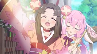 A girl waves cheerily at the camera while another girl cringes behind her in an anime cutscene from Rune Factory 3 Special.
