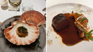 Two images, one shows a scallop in an open shell, the other a close-up of a serving of venison