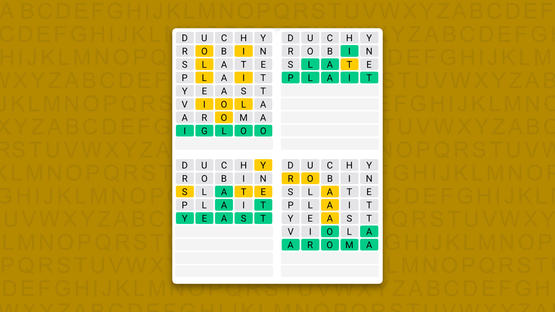 Quordle answers for game 1634 on a yellow background