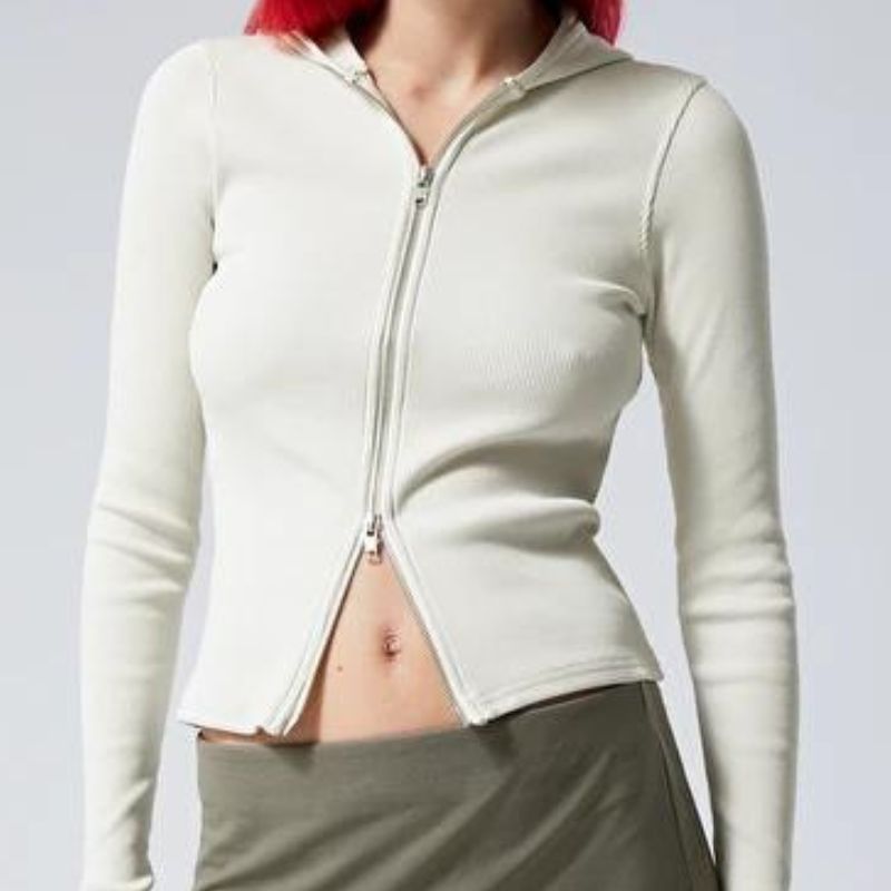 model wearing weekday cut tight hoodie in off white