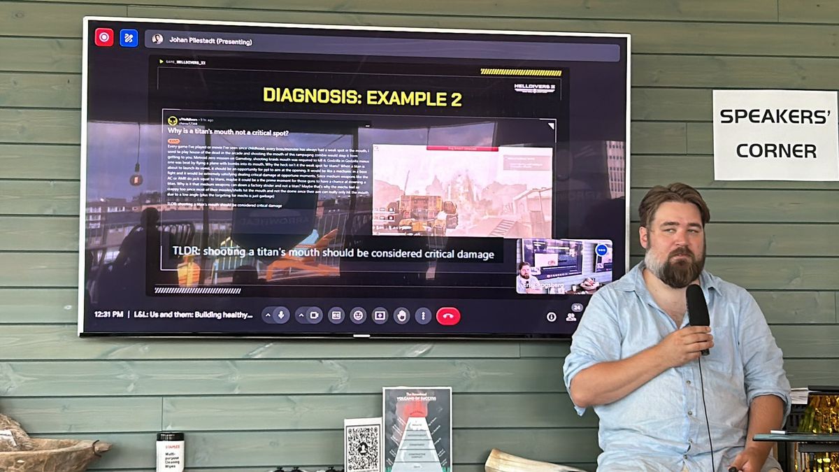 Johan Pilestedt gives a talk at Arrowhead Games HQ.