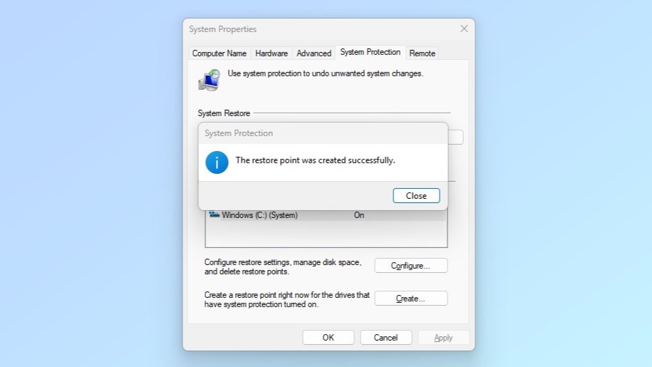 System Restore point successfully created in Windows 11