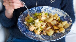 Person eats a full portion of a meal from a dinner bowl