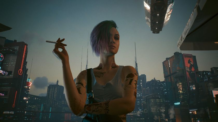 Cyberpunk 2077 screenshot showing Judy smoking a cigarette on the rooftop, with a vista of Night City illuminating the background behind her