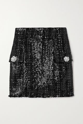 Crystal-embellished sequined tweed mini skirt