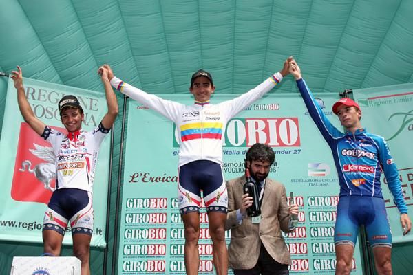 The stage 8 podium (l-r): Antonio Santoro, Jonathan Monsalve and Stefano Locatelli.