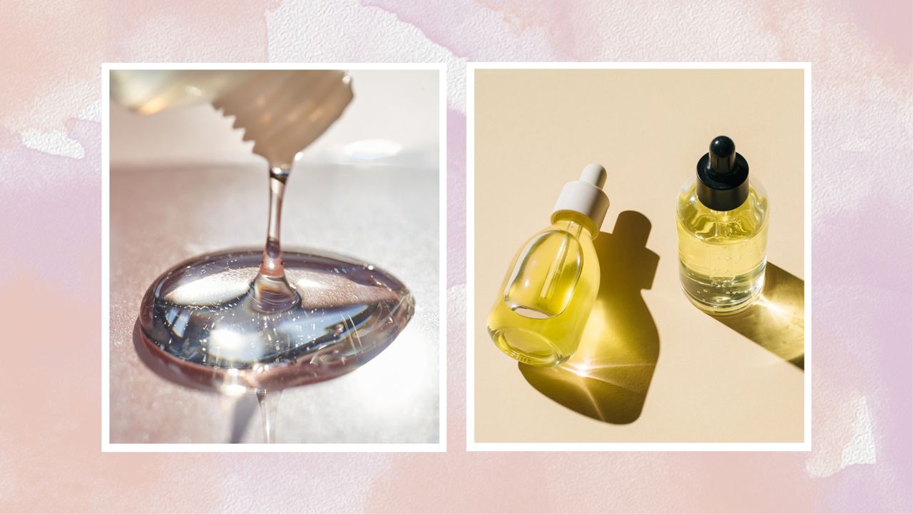 A close up of a serum bottle spilling clear, gel-like liquid alongside a close up of two glass serum bottles to illustrate niacinamide and hyaluronic acid/ in a pastel pink and purple watercolour template