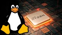 An AMD Ryzen CPU 3D render overlaid by a Tux the Linux Penguin mascot vector image.