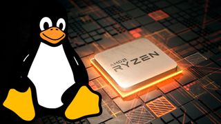 An AMD Ryzen CPU 3D render overlaid by a Tux the Linux Penguin mascot vector image.