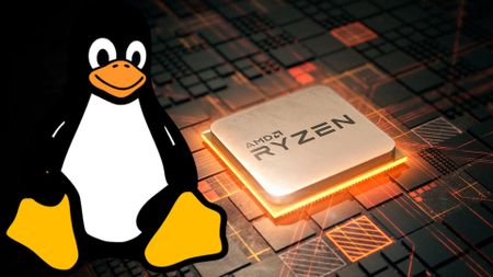 An AMD Ryzen CPU 3D render overlaid by a Tux the Linux Penguin mascot vector image.