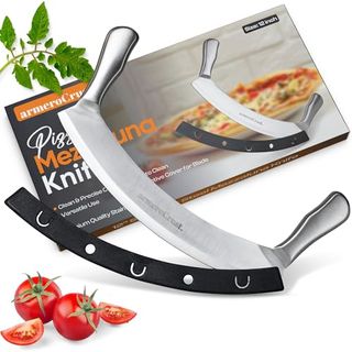 Armerocrust Mezzaluna Knife With Double Handle for Extra Stability - 12 Inches - Pizza Rocker for Precise Slicing of Thick Crust - Grade 18/0 Stainless Steel With Premium Finish