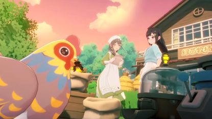 A screenshot of the player in Starsand Island at the ranch shop looking at a chicken 