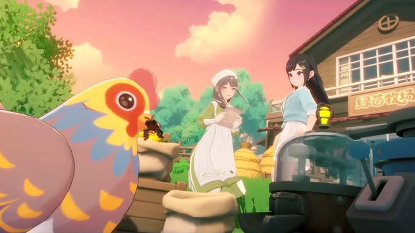 A screenshot of the player in Starsand Island at the ranch shop looking at a chicken 