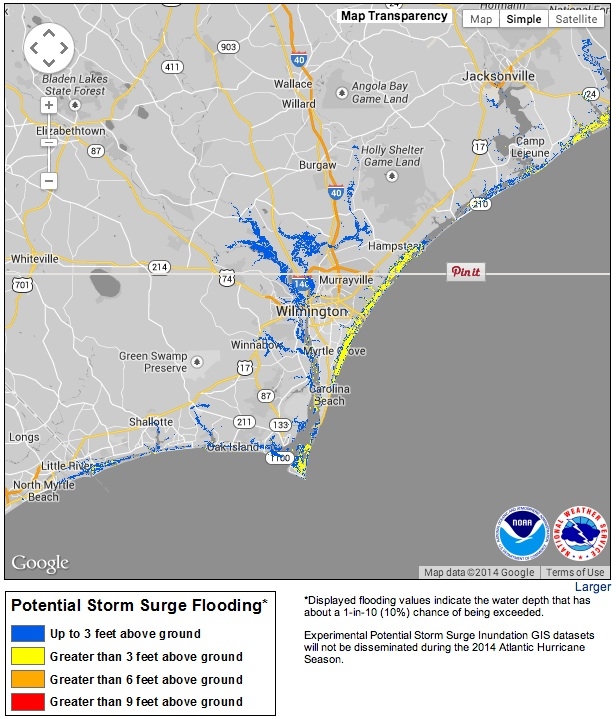 A zoomed-in view of potential storm surge flooding in the Wilmington, N.C., area from Tropical Storm Arthur.