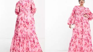 pink maxi dress with bodice stitching and floral print