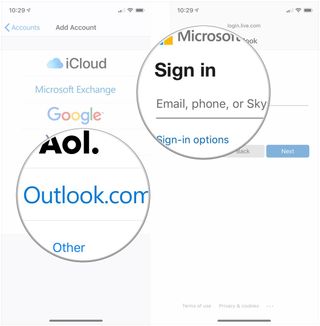 Accounts in the Settings app on iPhone showing the steps to Tap Outlook.com, enter credentials
