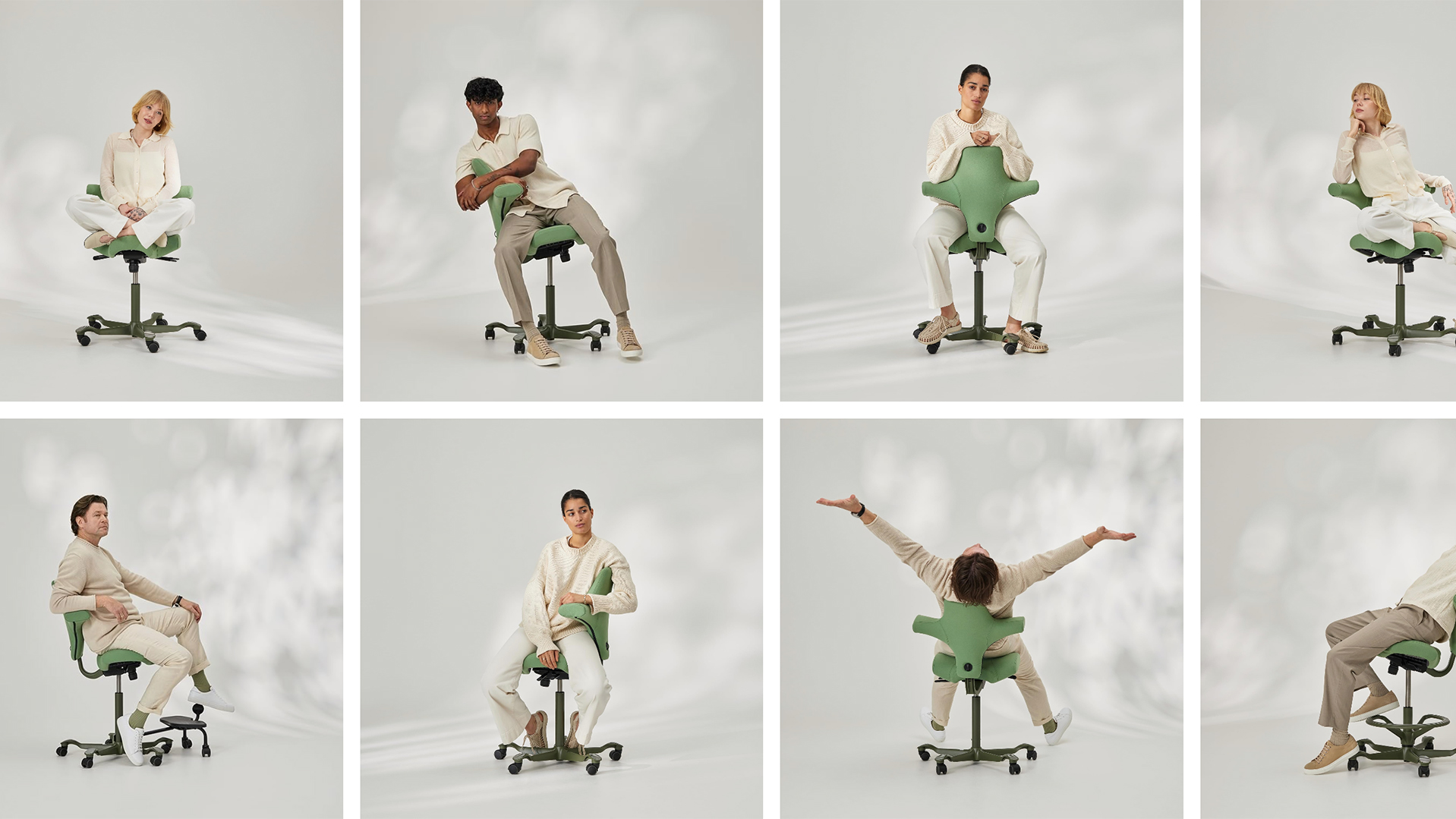 Different people sitting on a green Capisco chair by Hag. 