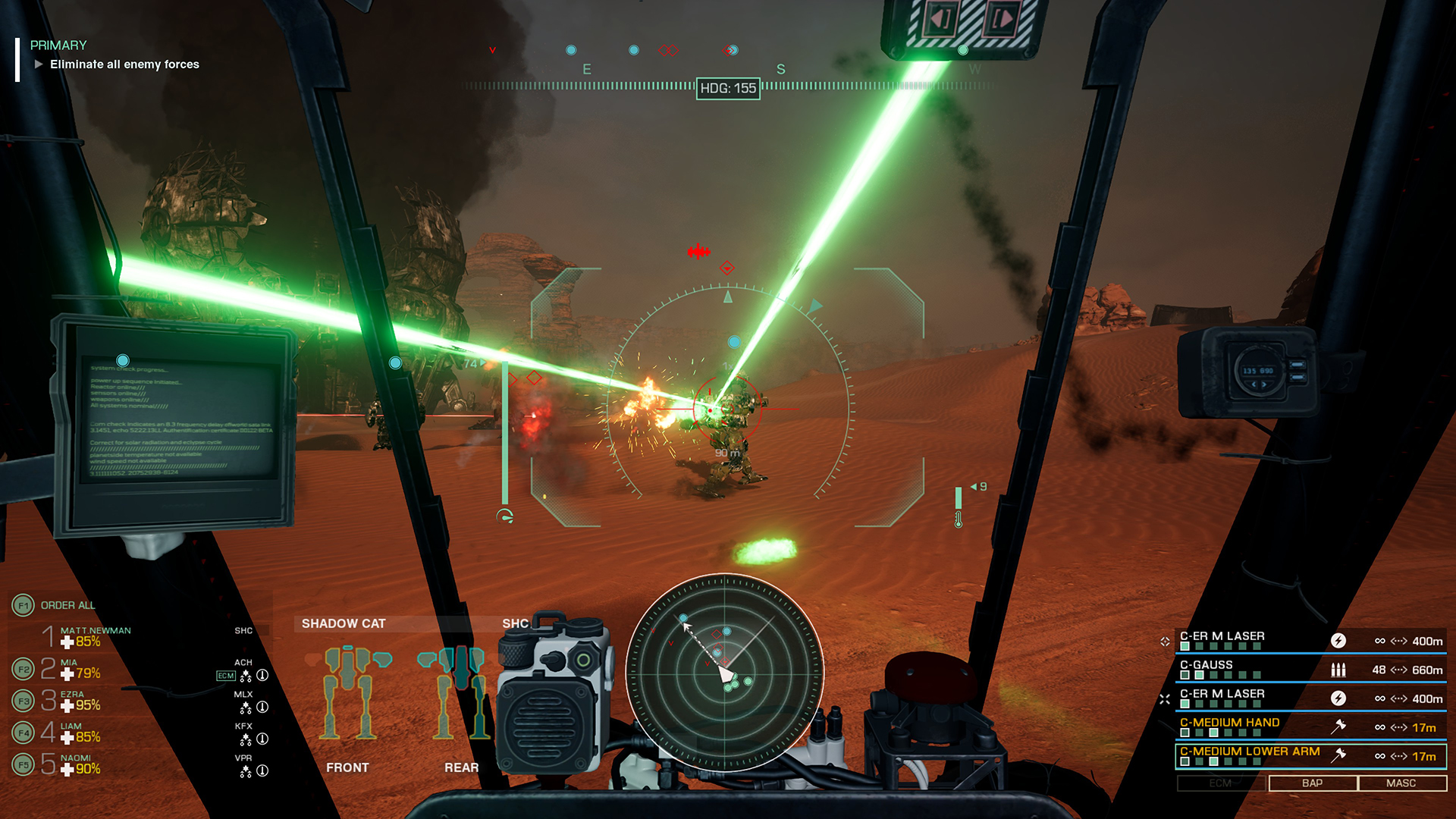 An internal view of the cockpit of a mech, with the window looking out into a desert area as the mech fires green lasers at an enemy mech.