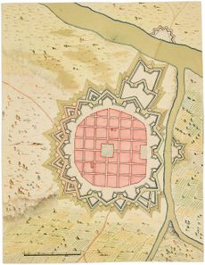 Fig 2: Fortified town with projecting hornworks and two barbicans, probably one of the exercises in fortification drawn by the young Gustavus. ©Bodil Karlsson/Nationalmuseum 1993