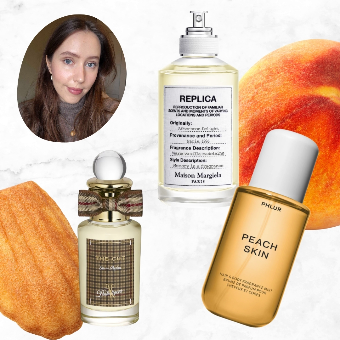 A picture of Digital Beauty Writer, Naomi Jamieson, alongside product shots of Penhaligon's The Cut perfume, the Maison Margiela's Replica Afternoon Delight perfume and the PHLUR Peach Skin body and hair mist/ on a white and grey marble template with stock images of a peach and madeleine - to reflect the perfume notes.