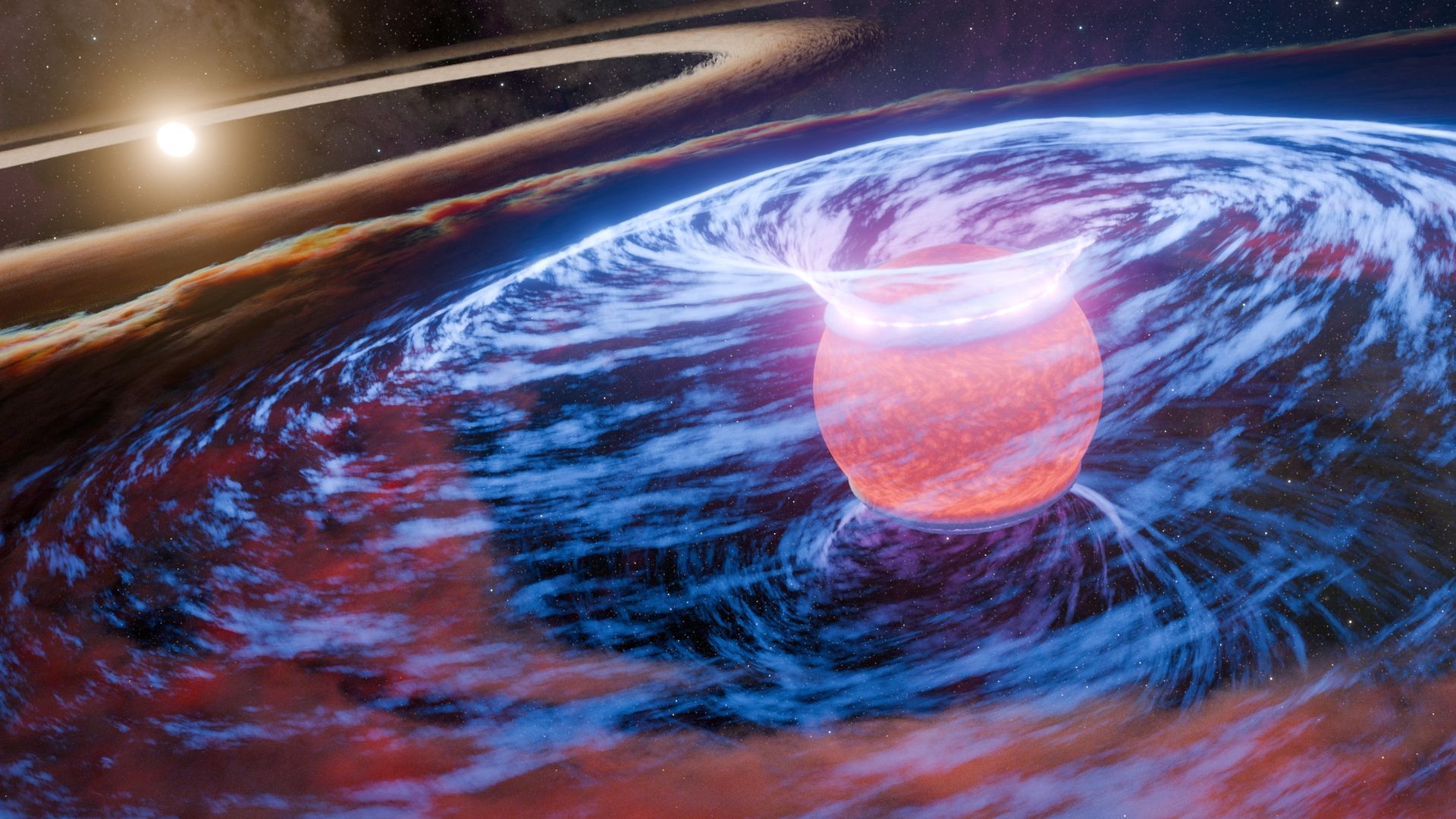 An illustration of an exoplanet forming from dust within a protoplanetary disk