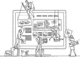 An illustration of people building UX elements using top UX tips